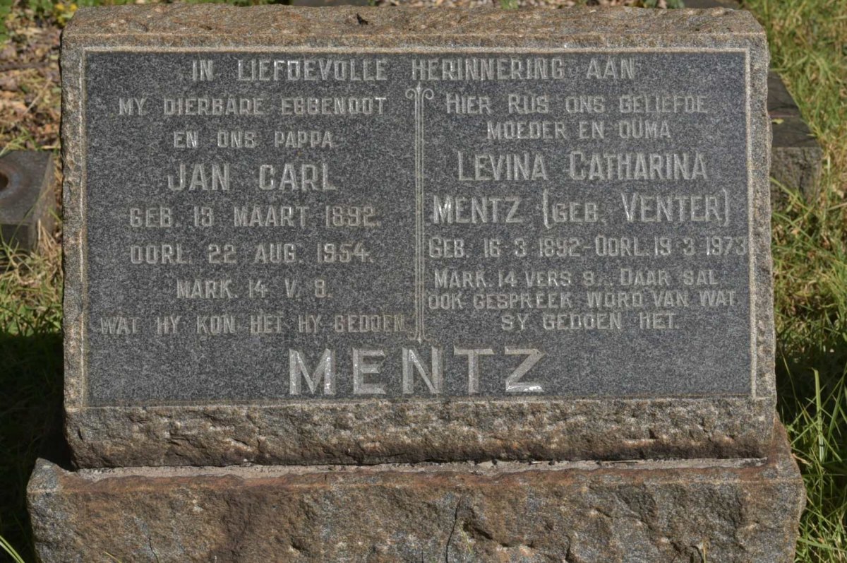 MENTZ Jan Carl 1892-1954 &amp; Levina Catharina VENTER 1892-1973