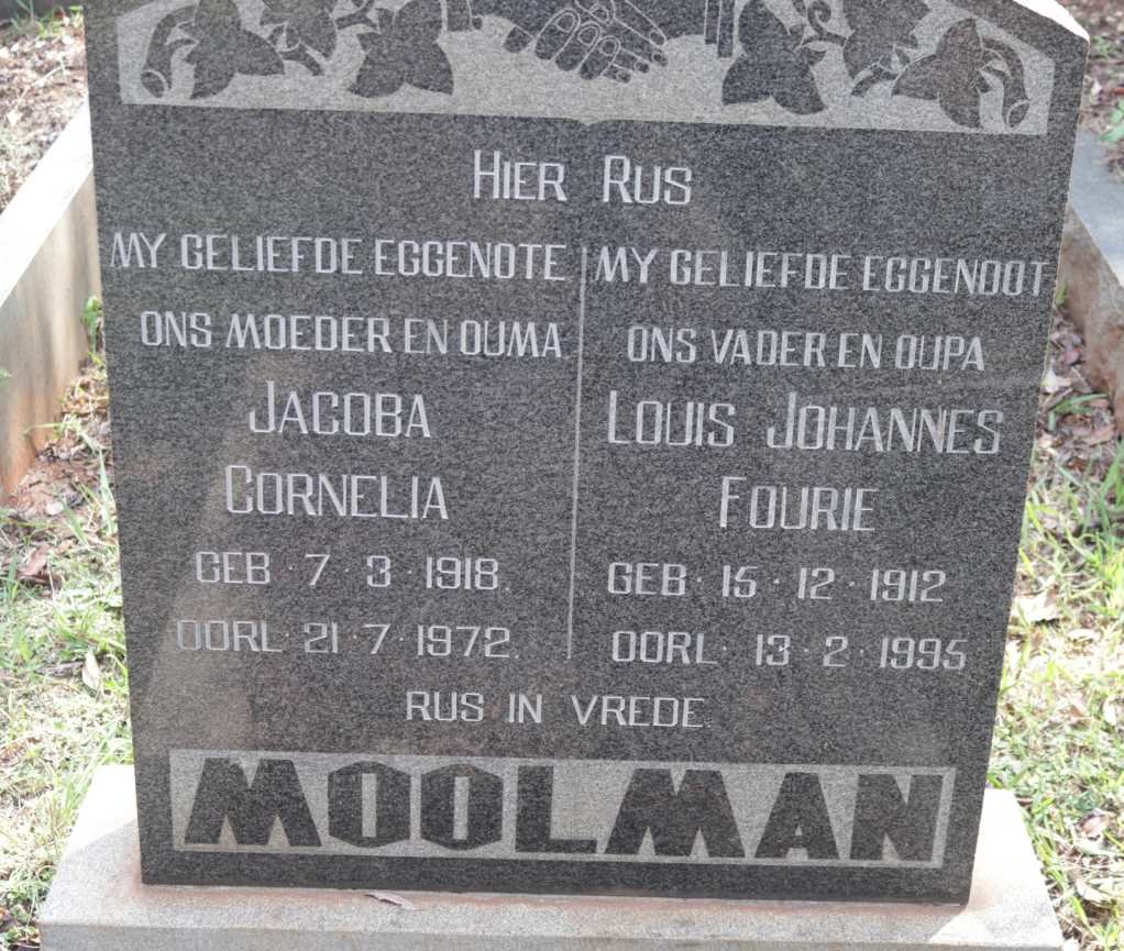 MOOLMAN Louis Johannes Fourie 1912-1995 &amp; Jacoba Cornelia 1918-1972