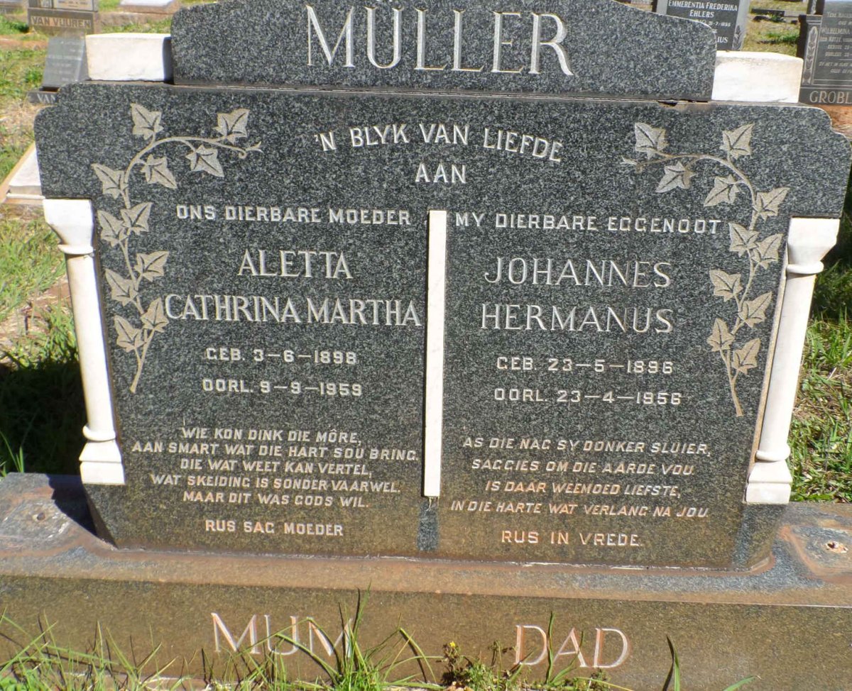 MULLER Johannes Hermanus 1896-1956 &amp; Aletta Cathrina Martha 1898-1959