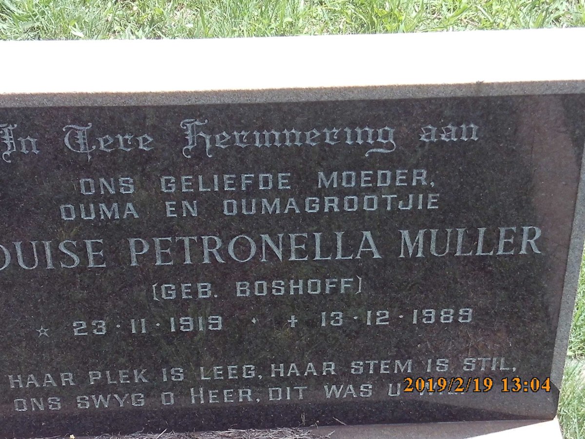 MULLER Louise Petronella nee BOSHOFF 1919-1989