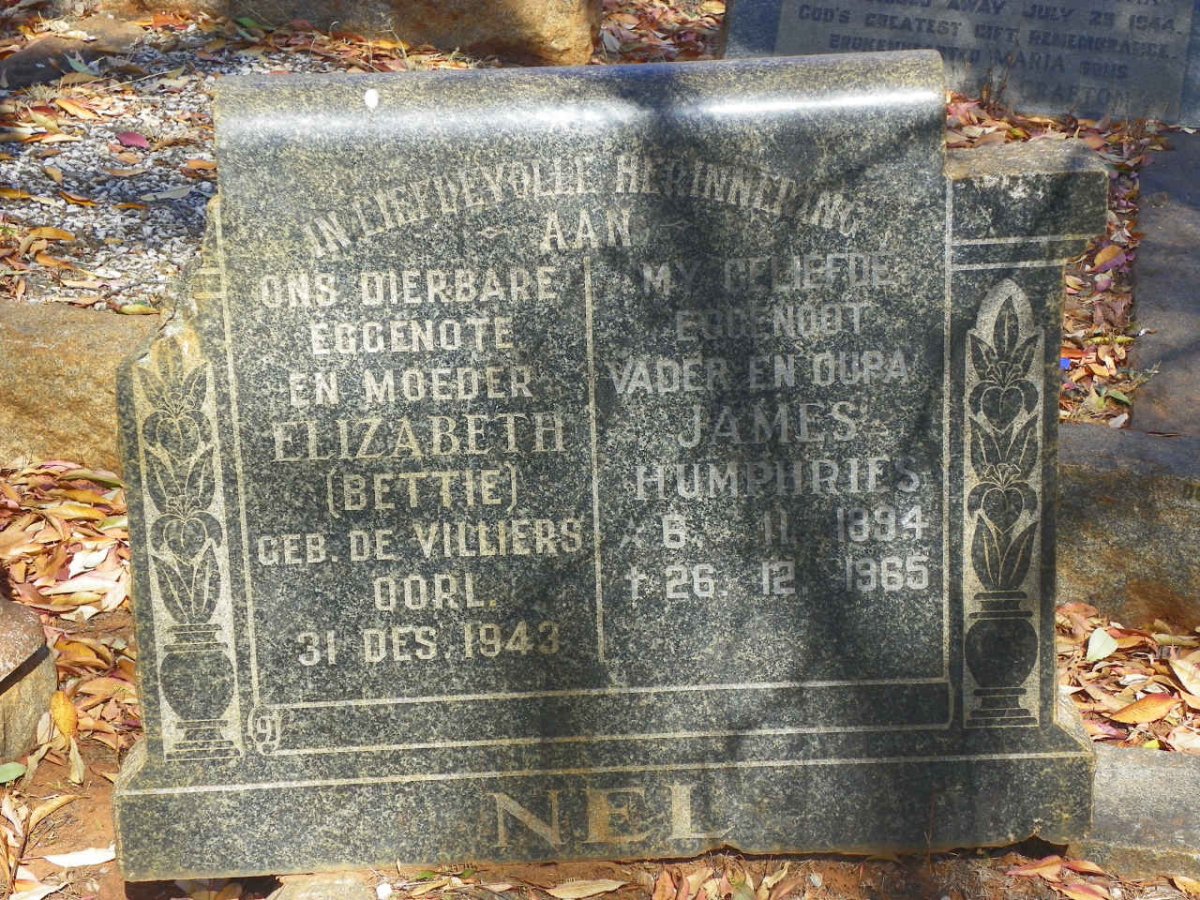 NEL James Humphries 1894-1965 &amp; Elizabeth DE VILLIERS -1943