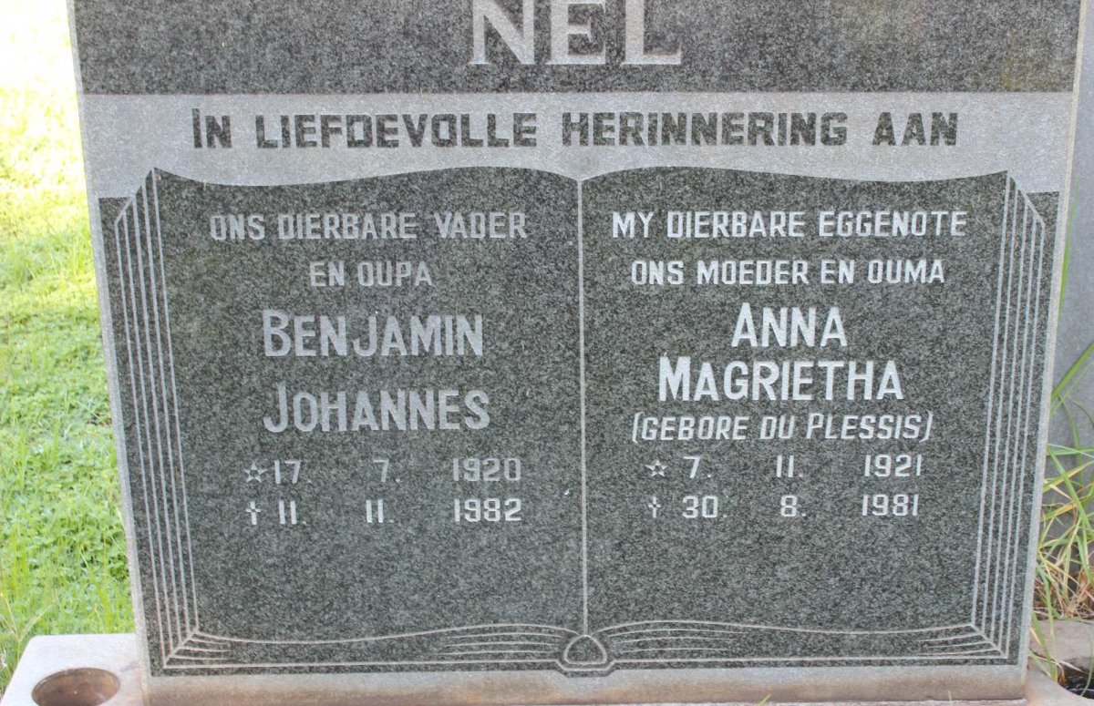 NEL Benjamin Johannes 1920-1982 &amp; Anna Magrietha DU PLESSIS 1921-1981