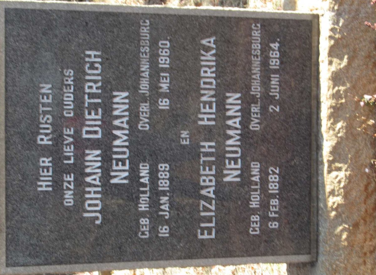 NEUMANN Johann Dietrich 1889-1960 &amp; Elizabeth Hendrika 1882-1964