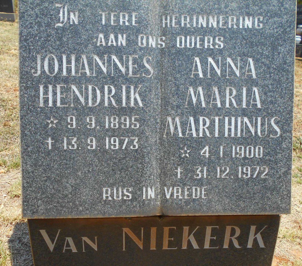 NIEKERK Johannes Hendrik, van 1895-1973 &amp; Anna Maria Marthinus 1900-1972