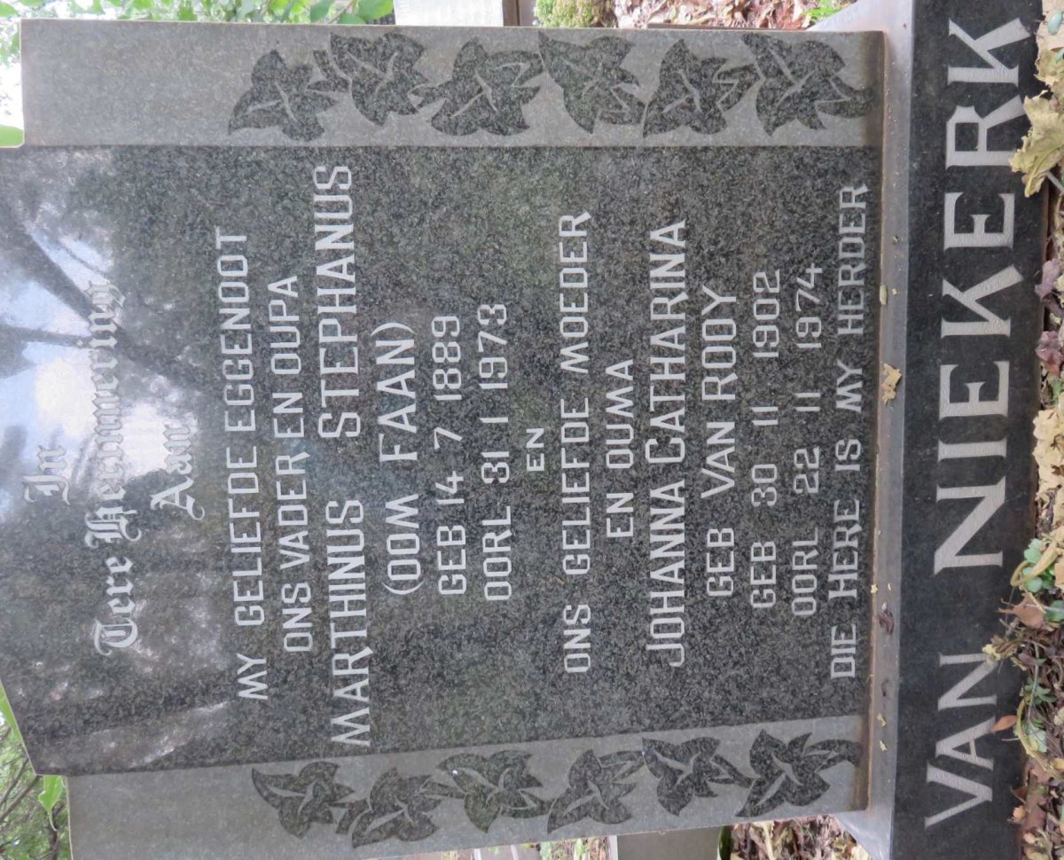 NIEKERK Marthinus Stephanus, van 1889-1973 &amp; Johanna Catharina VAN ROOY 1902-1974