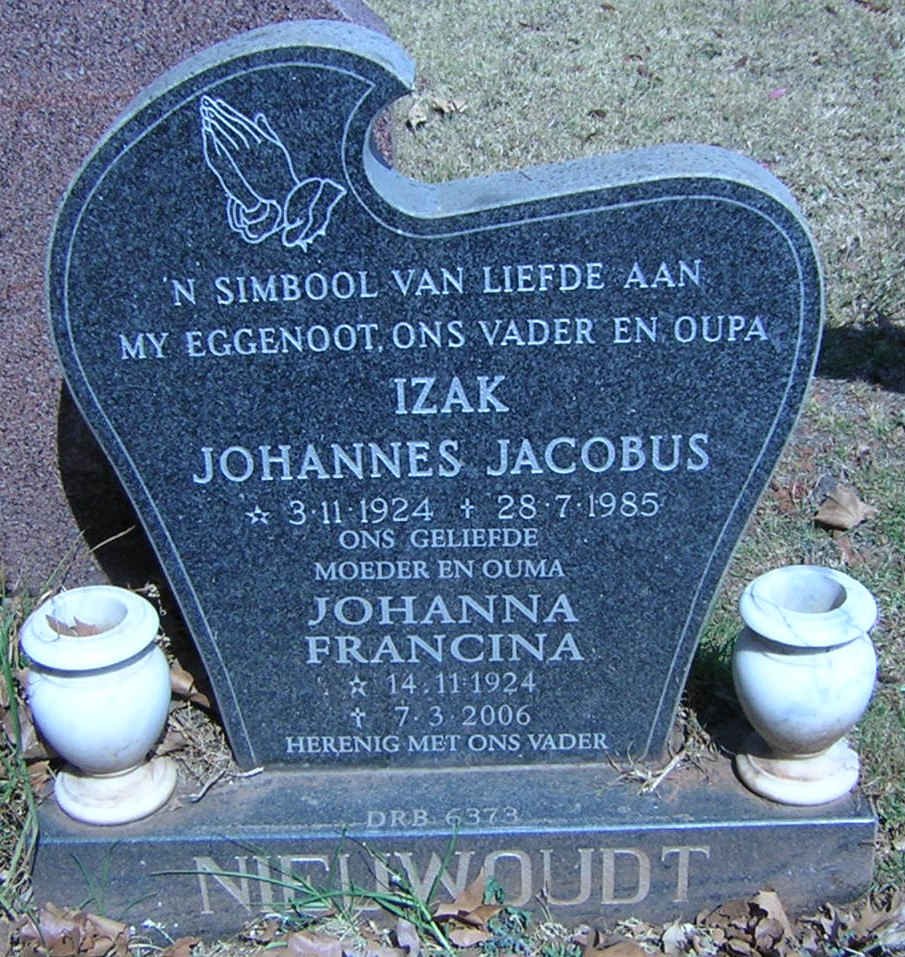 NIEUWOUDT Izak Johannes Jacobus 1924-1985 &amp; Johanna Francina 1924-2006