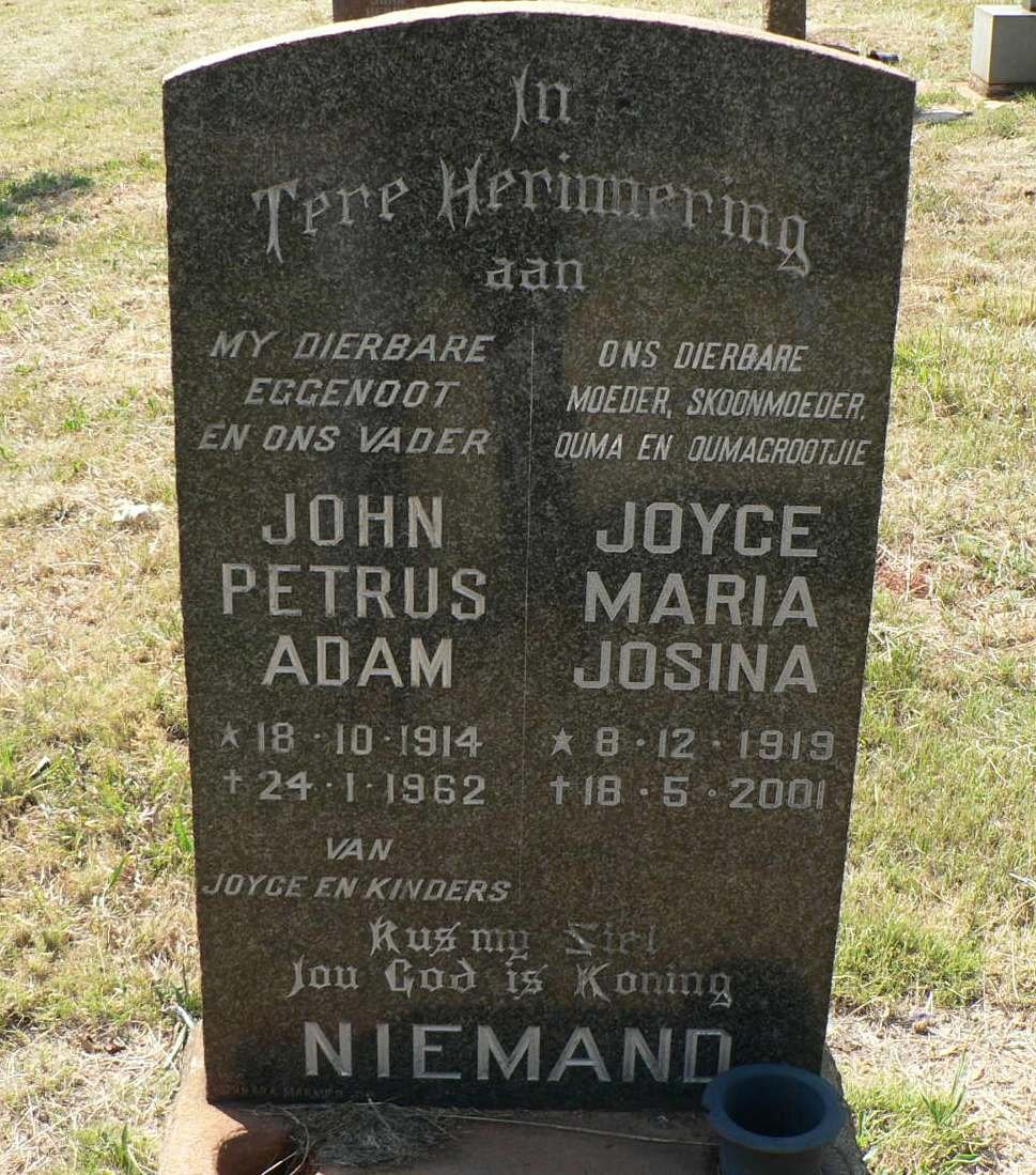 NIEMAND John Petrus Adam 1914-1962 &amp; Joyce Maria Josina 1919-2001