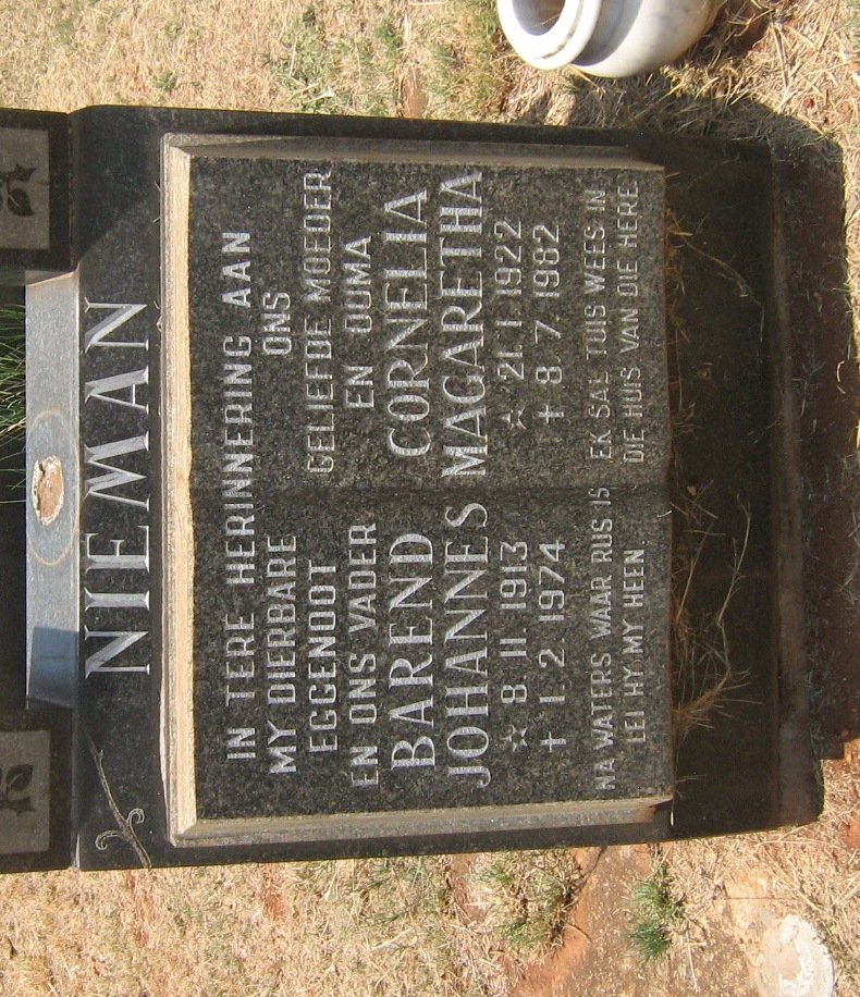 NIEMAN Barend Johannes 1913-1974 &amp; Cornelia Magaretha 1922-1982