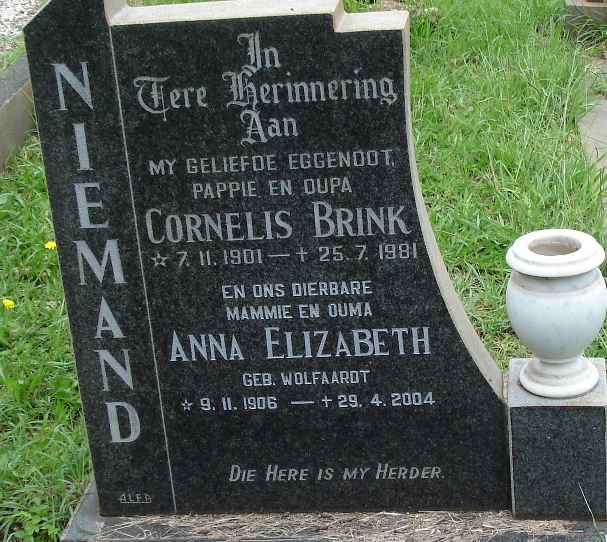 NIEMAND Cornelis Brink 1901-1981 &amp; Anna Elizabeth WOLFAARDT 1906-2004