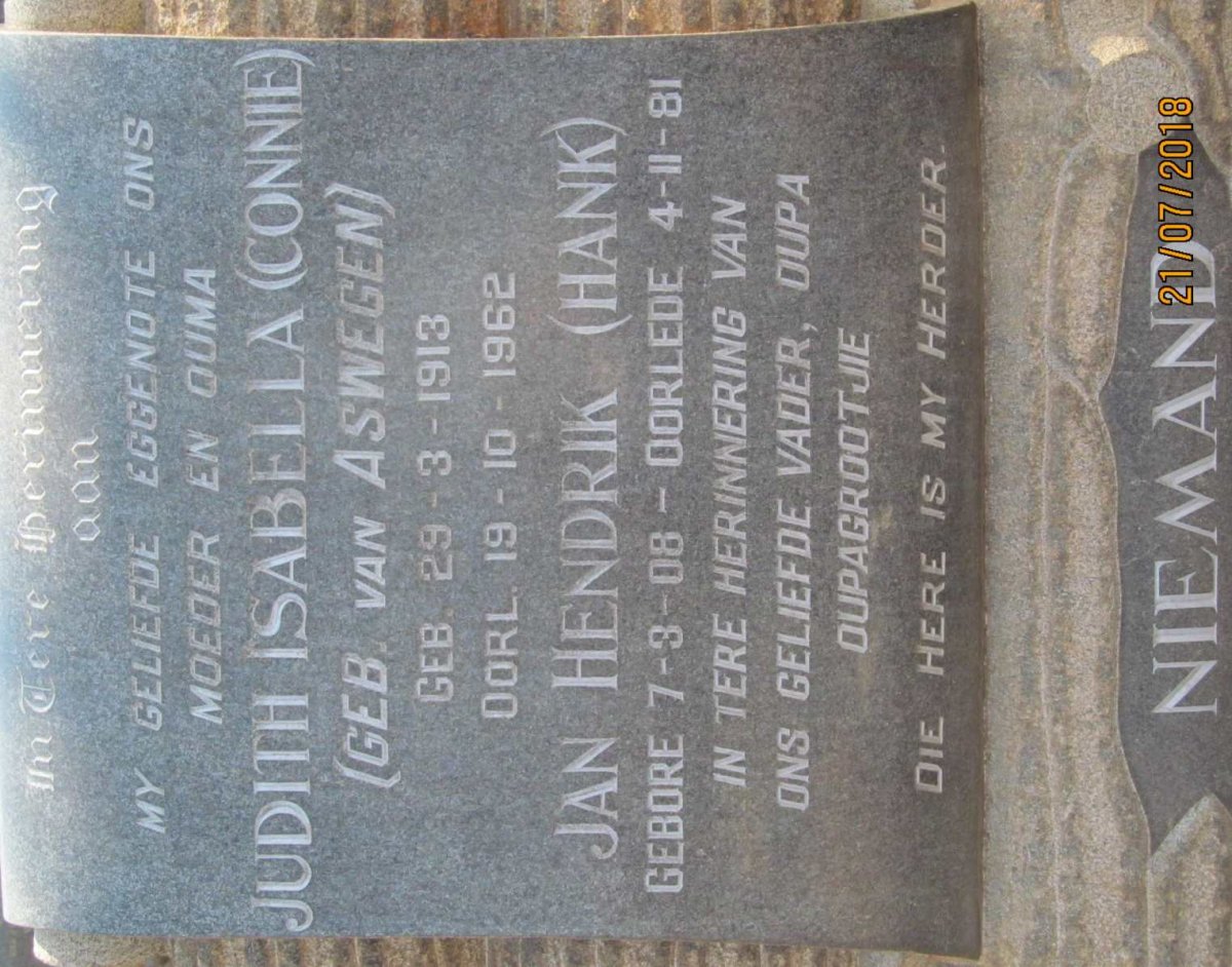 NIEMAND Jan Hendrik 1908-1981 &amp; Judith Isabella VAN ASWEGEN 1913-1962