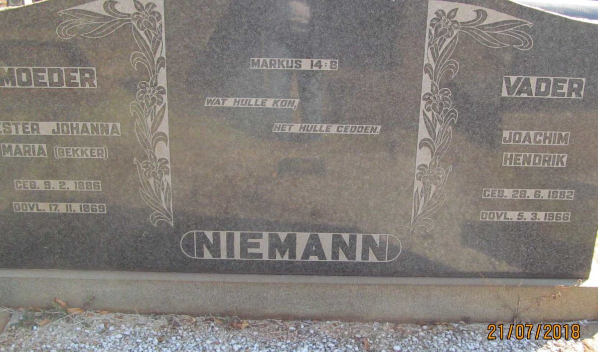 NIEMANN Joachim Hendrik 1882-1966 &amp;  Hester Johanna Maria BEKKER 1886-1969