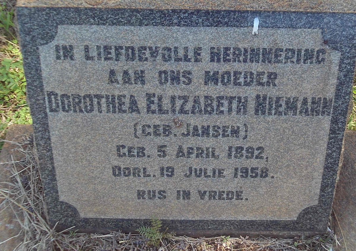 NIEMANN Dorothea Elizabeth nee JANSEN 1892-1958