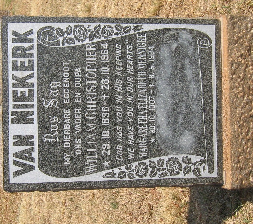 NIEKERK William Christopher, van 1898-1964 &amp; Margaretha Elizabeth MENNIGKE 1907-1984