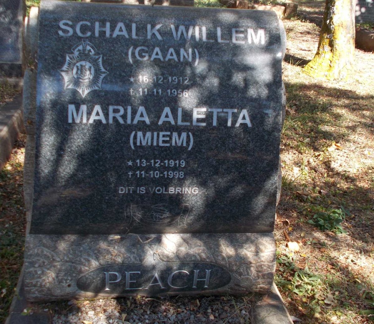 PEACH Schalk Willem 1912-1956 &amp; Maria Aletta 1919-1998