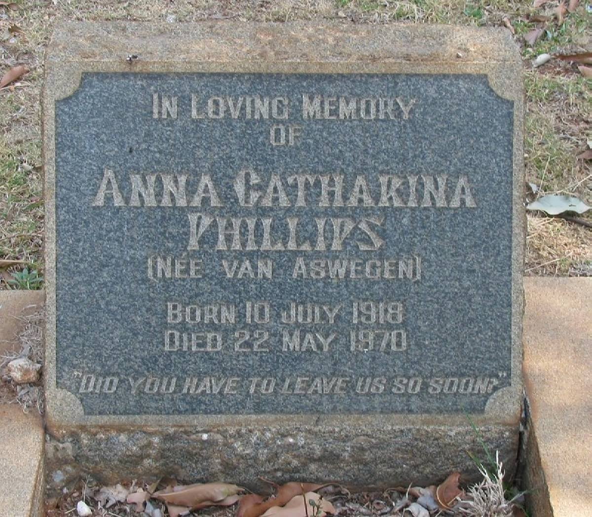 PHILLIPS Anna Catharina nee van ASWEGEN 1918-