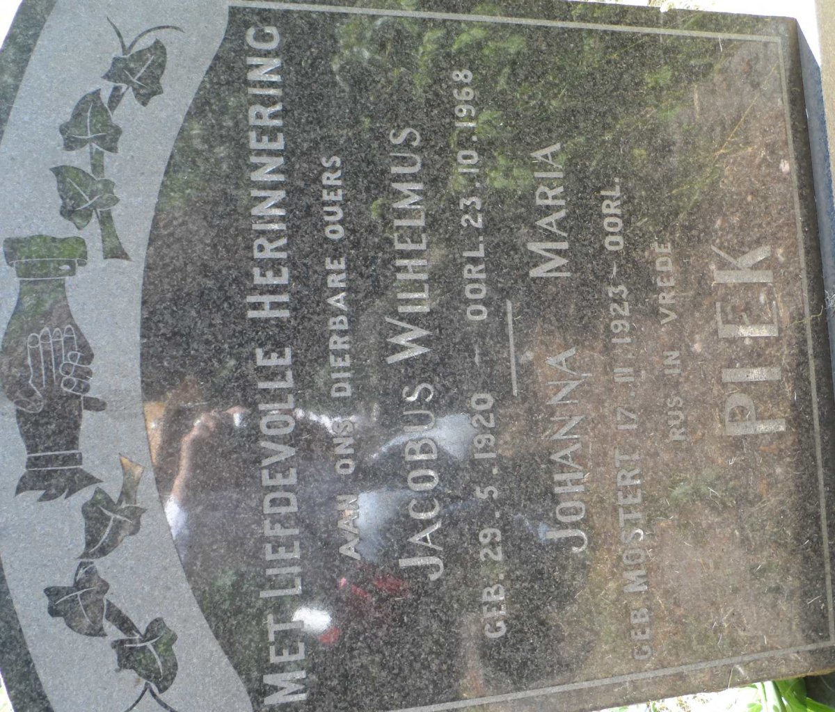 PIEK Jacobus Wilhelmus 1920-1968 &amp; Johanna Maria MOSTERT 1923-