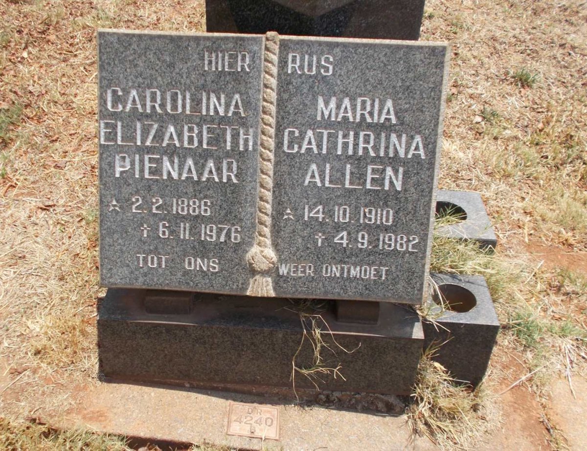 PIENAAR Carolina Elizabeth 1886-1976 :: ALLEN Maria Cathrina 1910-1982
