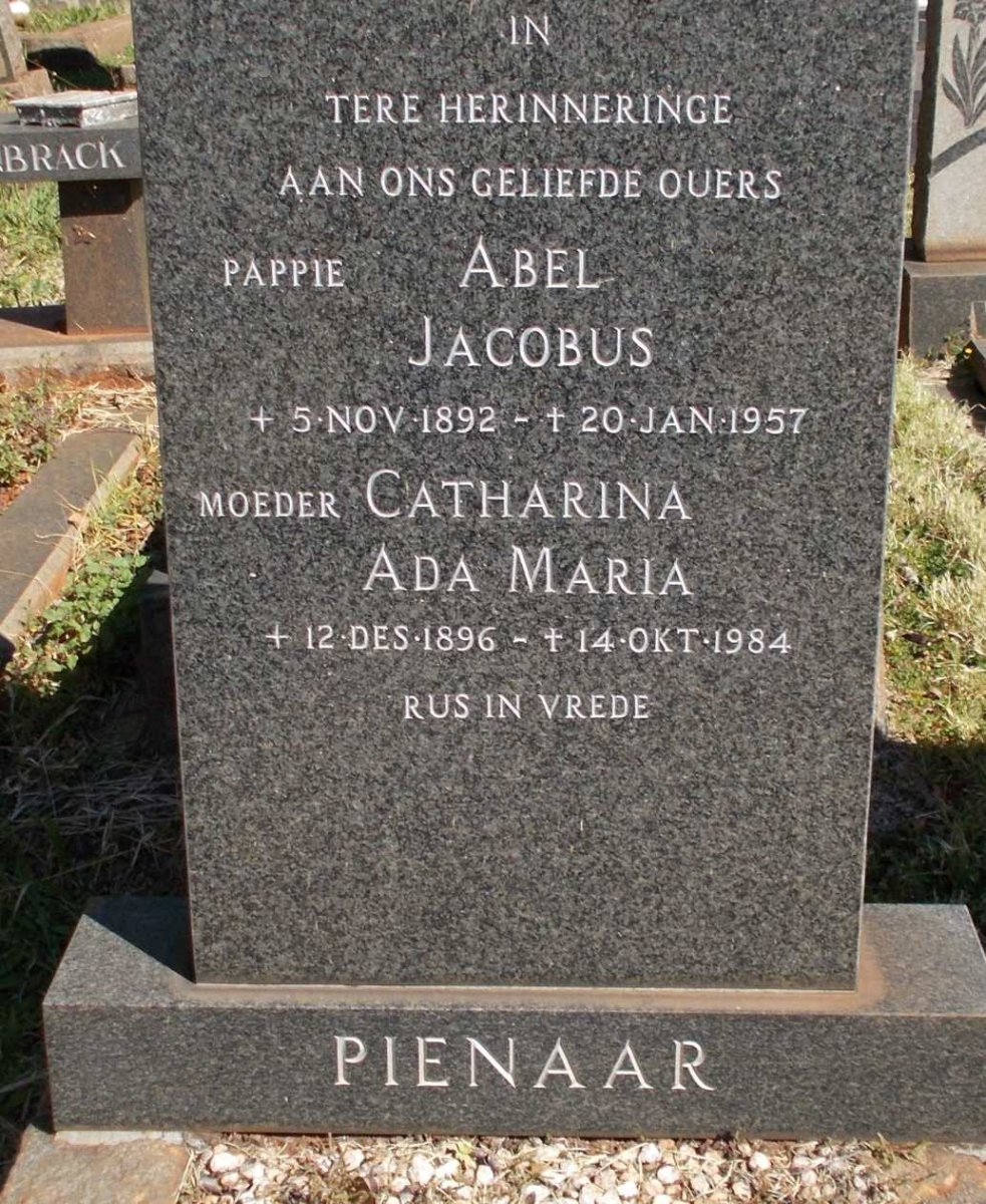 PIENAAR Abel Jacobus 1892-1957 &amp; Catharina Ada Maria 1896-1984