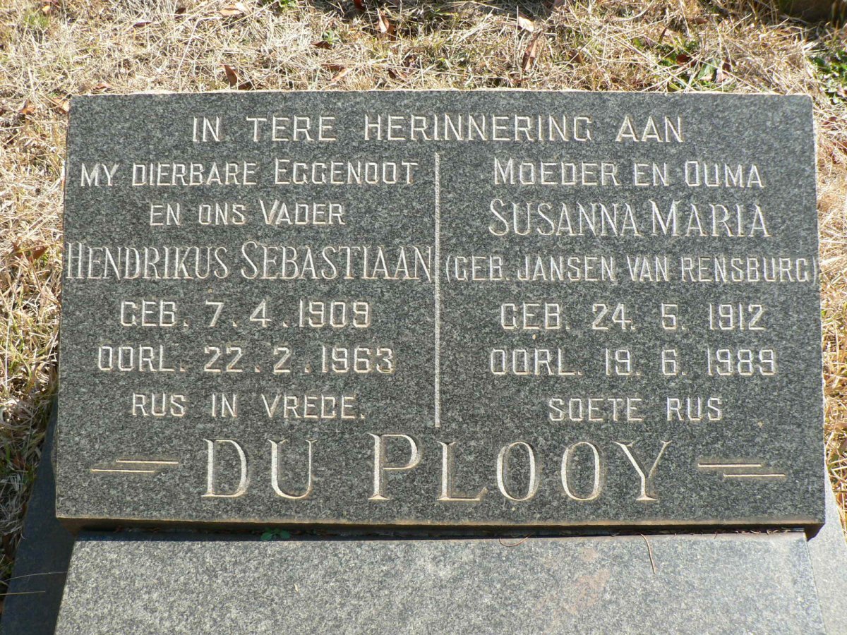 PLOOY Hendrikus Sebastiaan, du 1909-1963 &amp; Susanna Maria JANSEN VAN RENSBURG 1912-1989