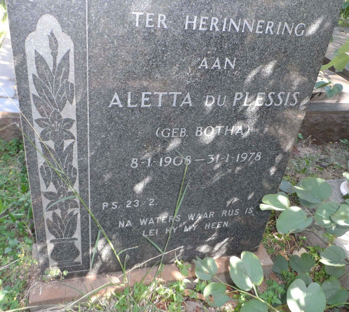 PLESSIS Aletta, du nee BOTHA 1908-1978