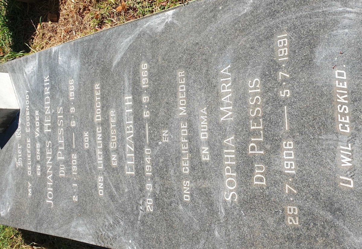 PLESSIS Johannes Hendrik, du 1902-1966 &amp; Sophia Maria 1906-1991 :: DU PLESSIS Elizabeth 1940-1966