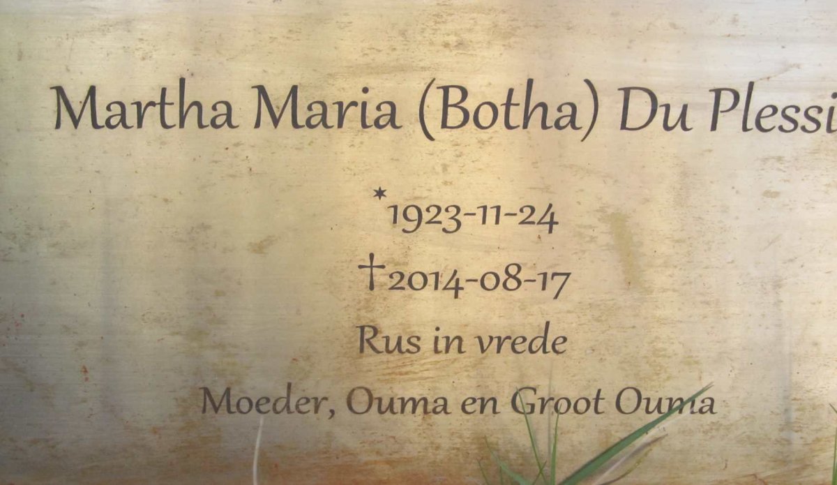 PLESSIS Martha Maria, du nee BOTHA 1923-2014