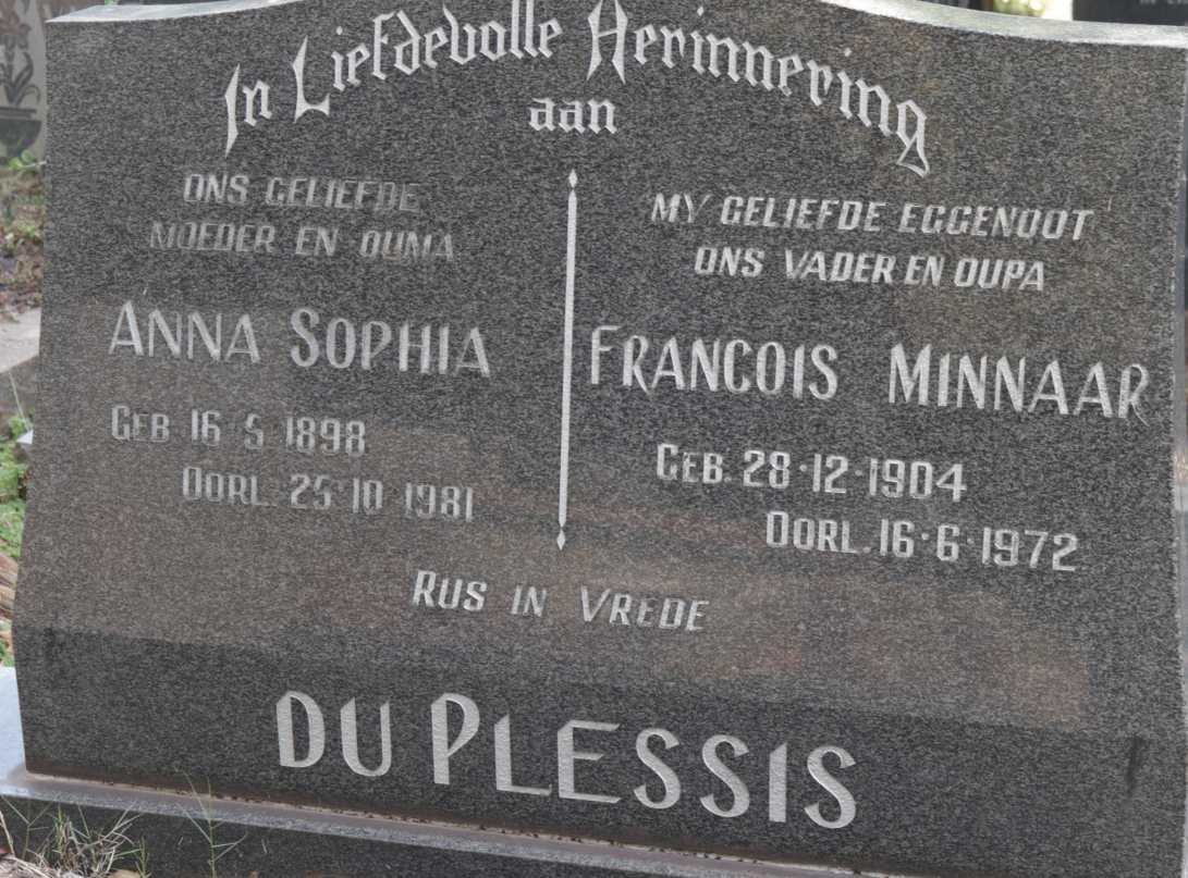 PLESSIS Francois Minnaar, du 1904-1972 &amp; Anna Sophia 1898-1981