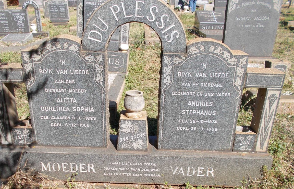 PLESSIS Andries Stephanus, du 1874-1956 &amp; Aletta Dorethea Sophia CLAASEN 1889-1966