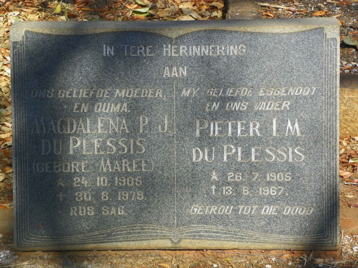 PLESSIS Pieter I.M., du 1905-1967 &amp; Magdalena P.J. MAREE 1905-1979