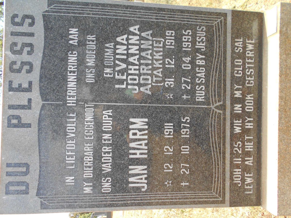 PLESSIS Jan Harm, du 1911-1975 &amp; Levina Johanna Adriana 1919-1995