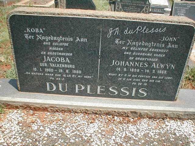 PLESSIS Johannes Alwyn, du 1899-1963 &amp; Jacoba VALKENBURG 1900-1980