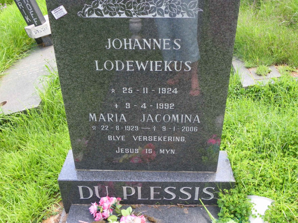 PLESSIS Johannes Lodewiekus, du 1924-1992 &amp; Maria Jacomina 1929-2006