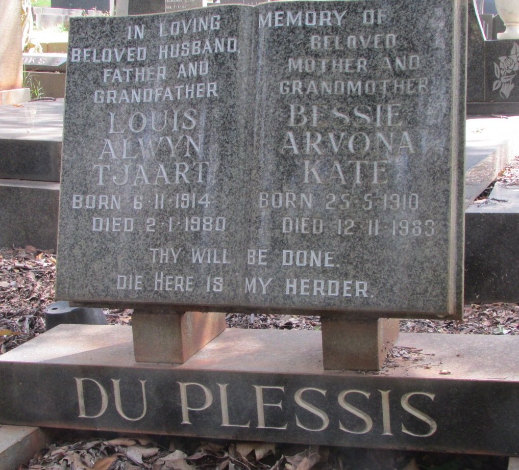 PLESSIS Louis Alwyn Tjaart, du 1914-1980 &amp; Bessie Arvona Kate 1910-1983