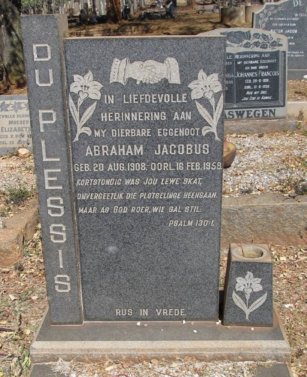 PLESSIS Abraham Jacobus, du 1908-1958