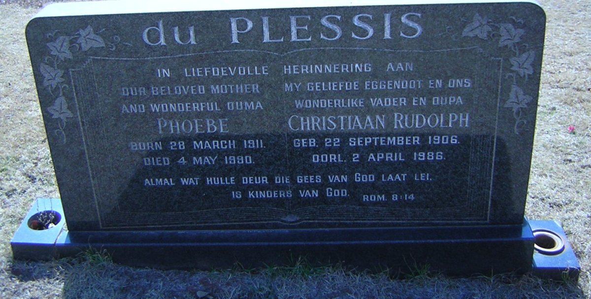 PLESSIS Christiaan Rudolph, du 1906-1986 &amp; Phoebe 1911-1990