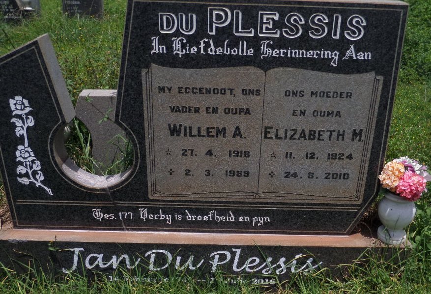 PLESSIS Willem A., du 1918-1989 &amp; Elizabeth M. 1924-2010 :: DU PLESSIS Jan 194?-2016