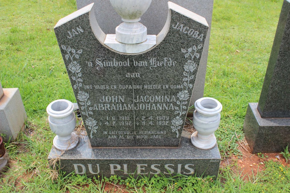 PLESSIS John Abraham, du 1910-1992 &amp; Jacomina Johanna 1909-1992