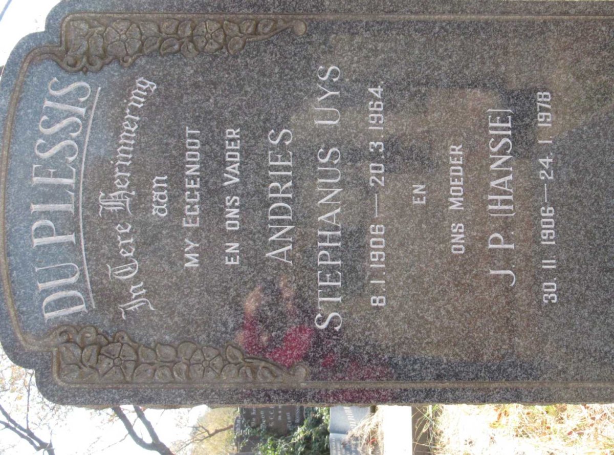 PLESSIS Andries Stephanus Uys, du 1906-1964 &amp; J.P. 1906-1978