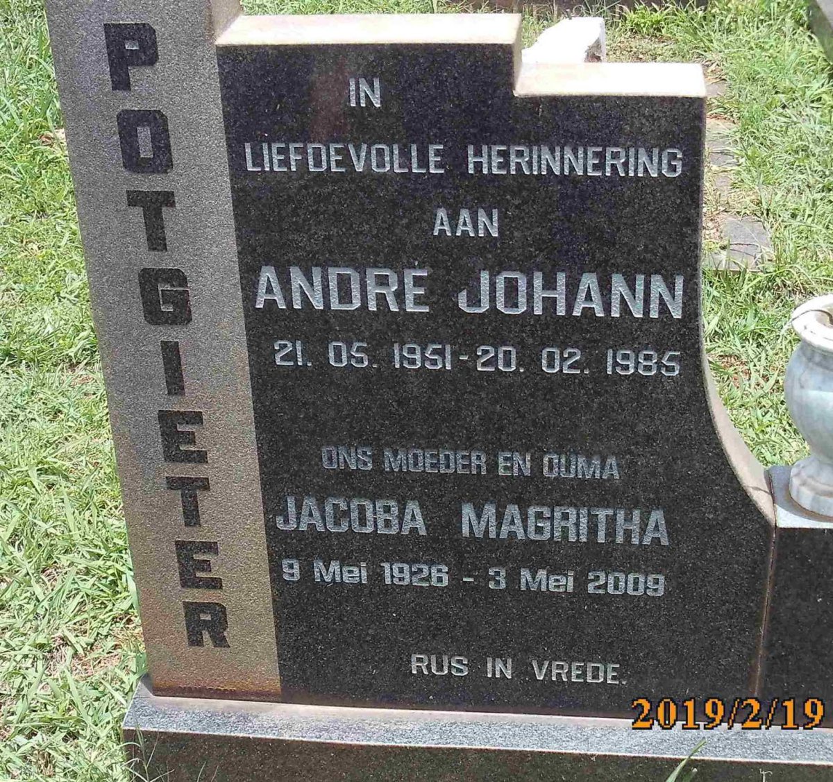 POTGIETER Jacoba Magritha 1926-2009 :: POTGIETER Andre Johann 1951-1985