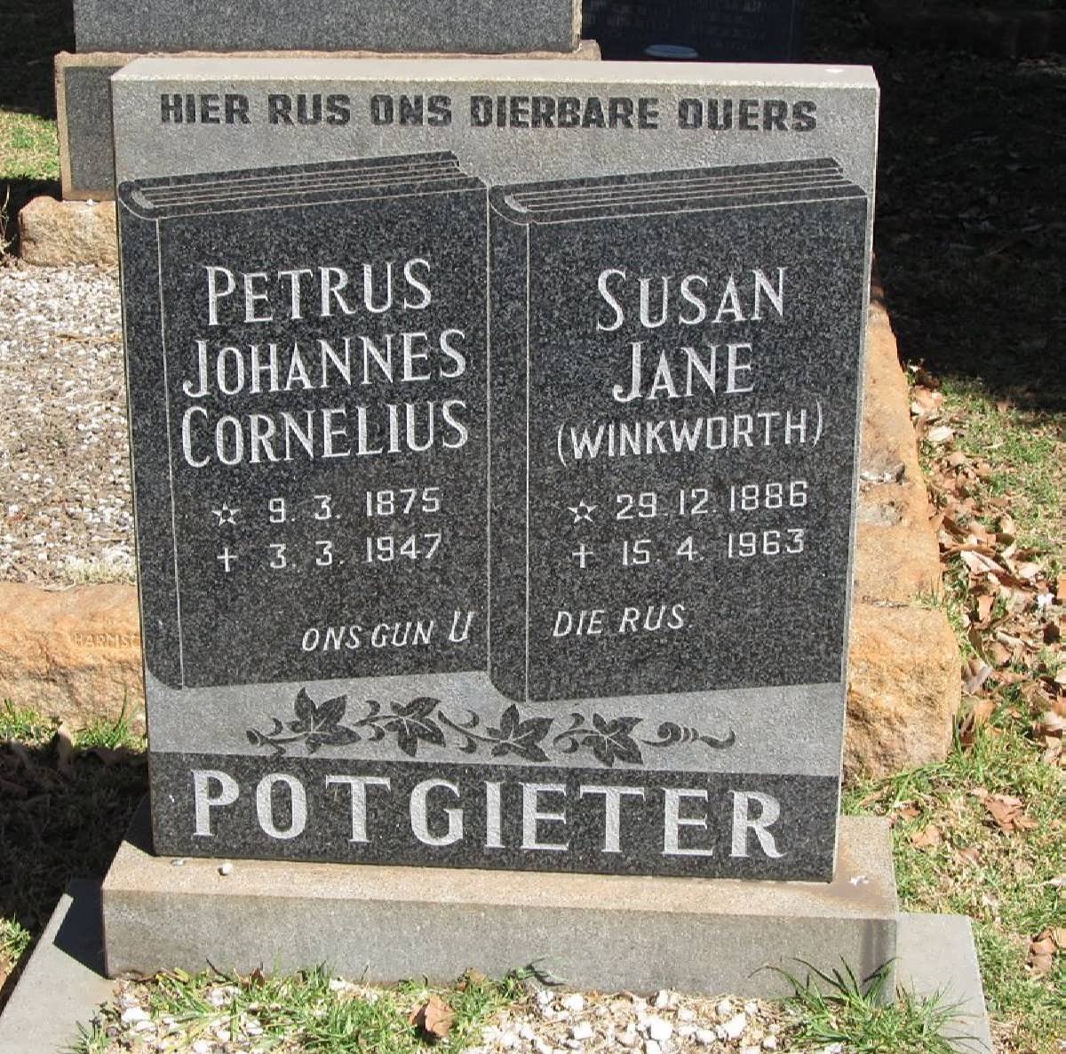POTGIETER Petrus Johannes Cornelius 1875-1947 &amp; Susan Jane WINKWORTH 1886-1963