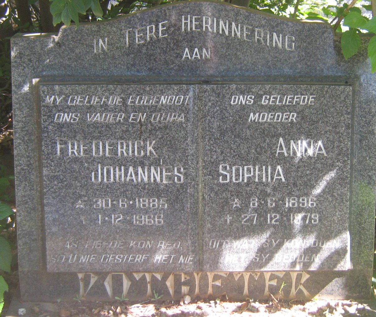 POTGIETER Frederick Johannes 1885-1966 &amp; Anna Sophia 1896-1979