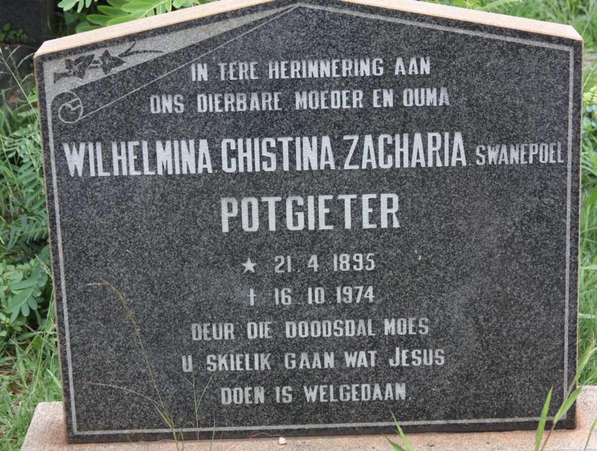 POTGIETER Wilhelmina Chistina Zacharia nee SWANEPOEL 1895-1974