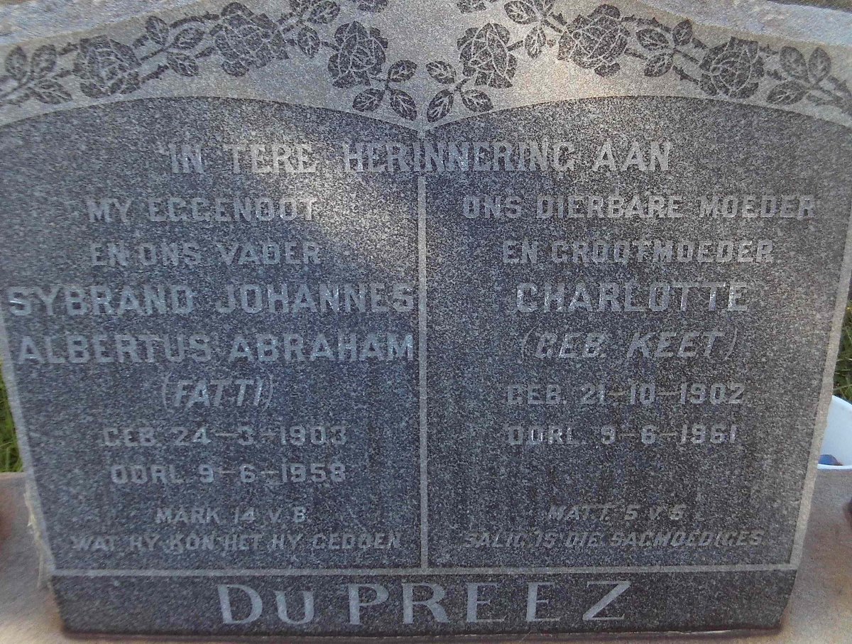PREEZ Sybrand Johannes Albertus Abraham, du 1903-1958 &amp; Charlotte KEET 1902-1961