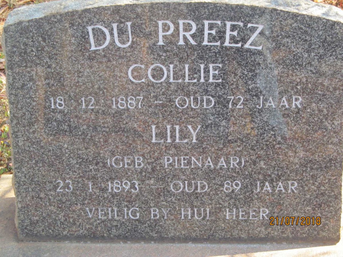 PREEZ Collie, du 1887- &amp; Lily PIENAAR 1893-