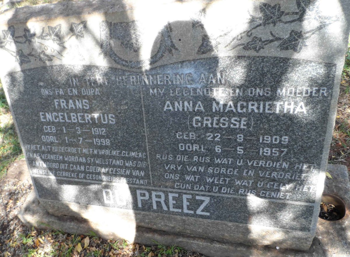 PREEZ Frans Engelbertus, du 1912-1998 &amp; Anna Magrietha CRESSE 1909-1957