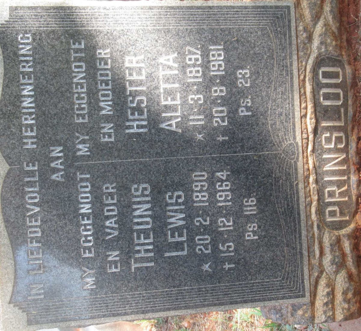 PRINSLOO Theunis Lewis 1890-1964 &amp; Hester Aletta 1897-1981