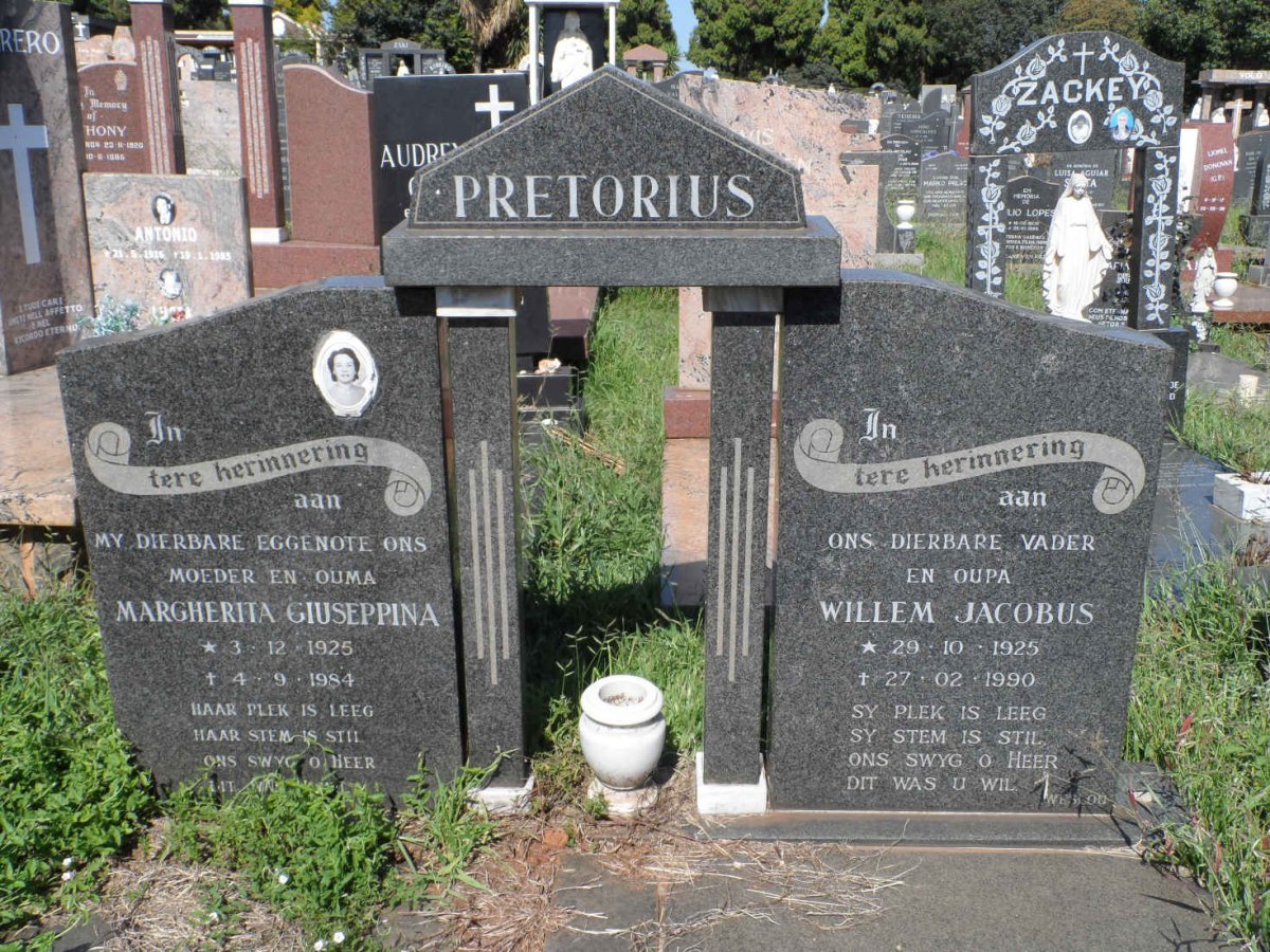 PRETORIUS Willem Jacobus 1925-1990 &amp; Margherita Giuseppina 1925-1984