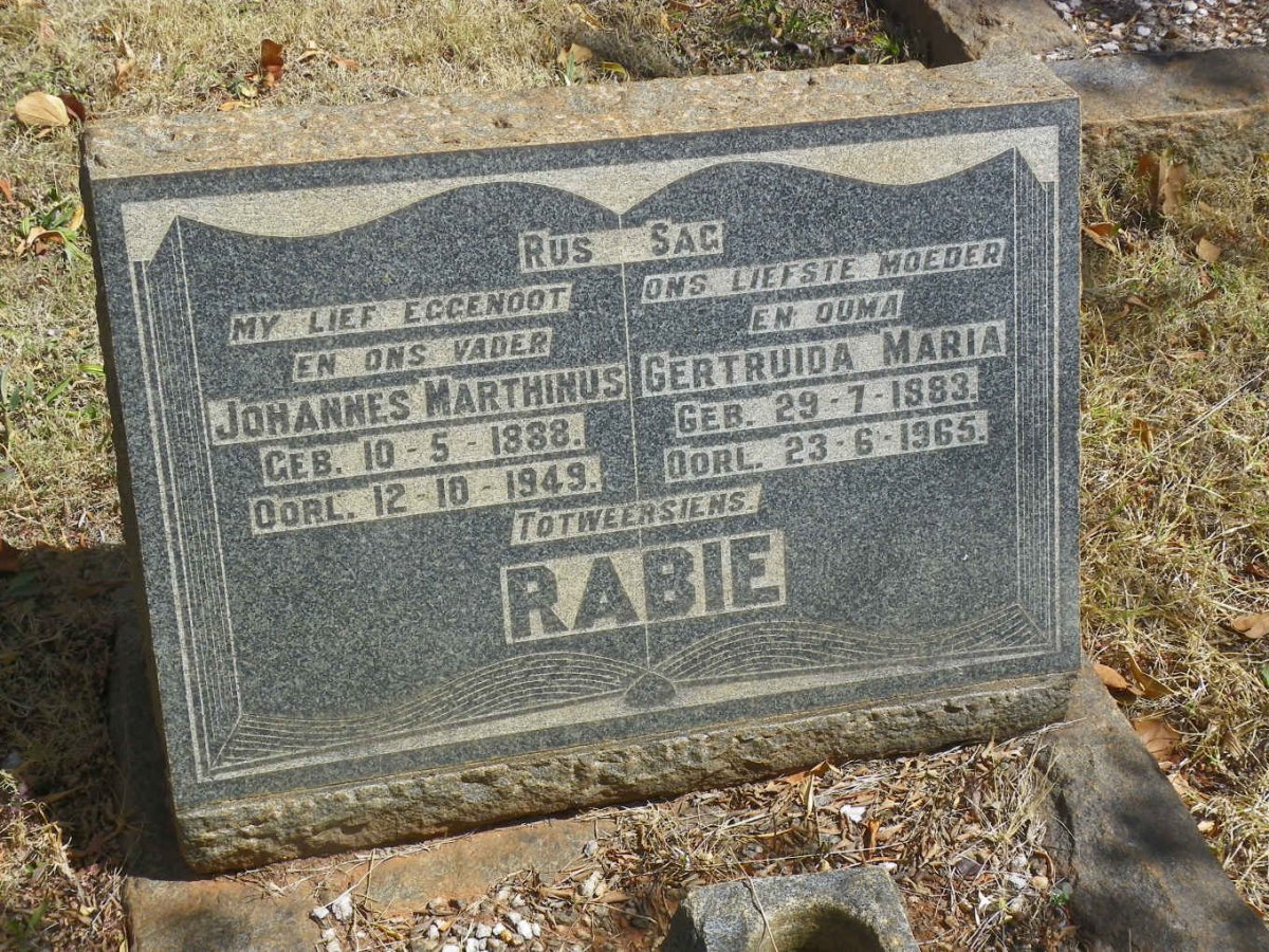 RABIE Johannes Marthinus 1888-1949 &amp; Gertruida Maria 1883-1965
