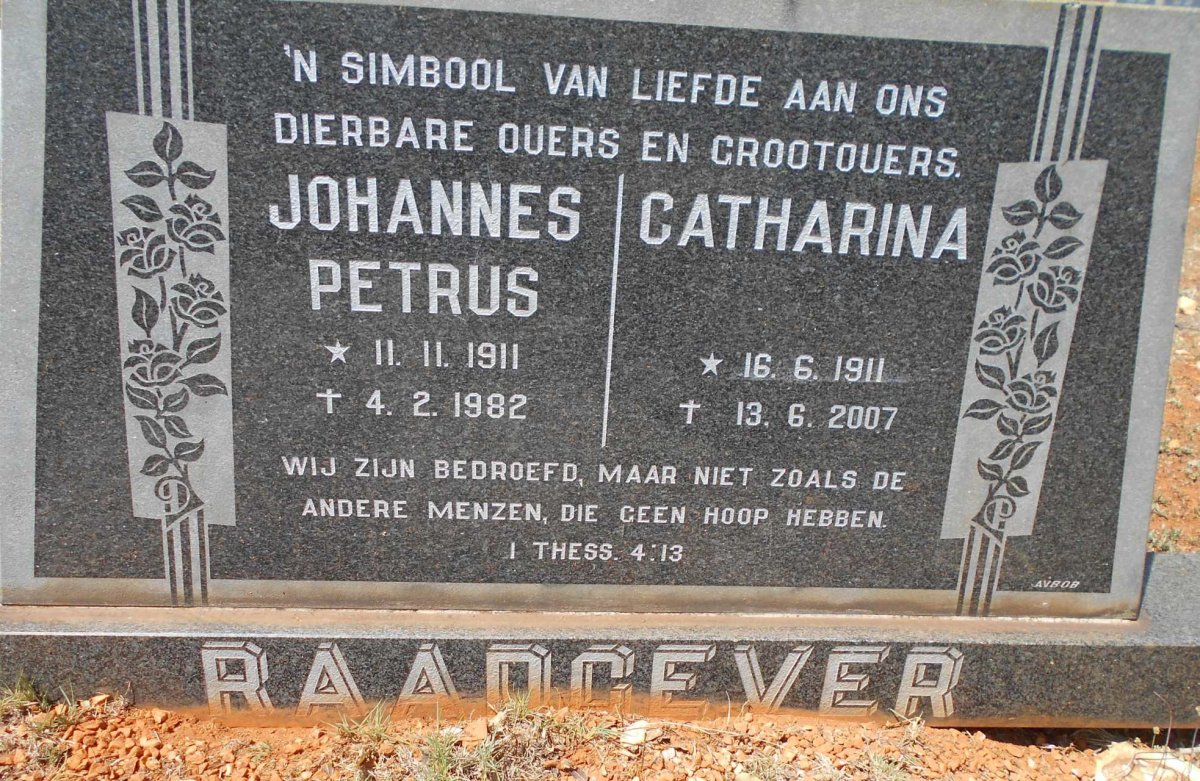 RAADGEVER Johannes Petrus 1911-1982 &amp; Catharina 1911-2007
