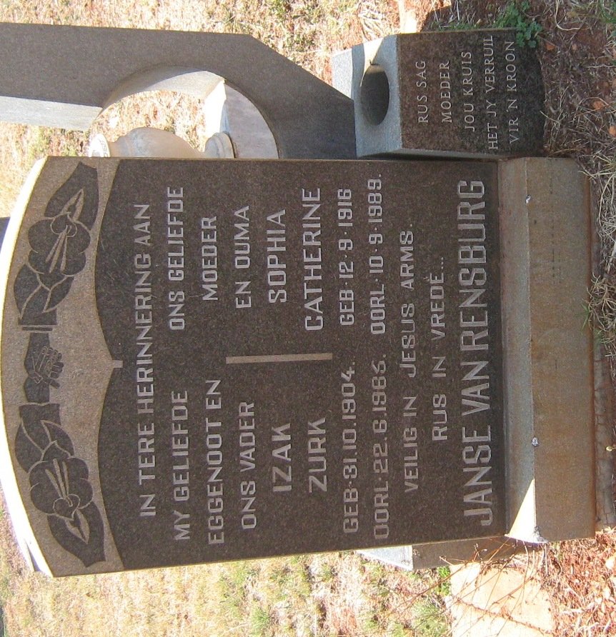 RENSBURG Izak Zurk, Janse van 1904-1965 &amp; Sophia Catherine 1916-1989